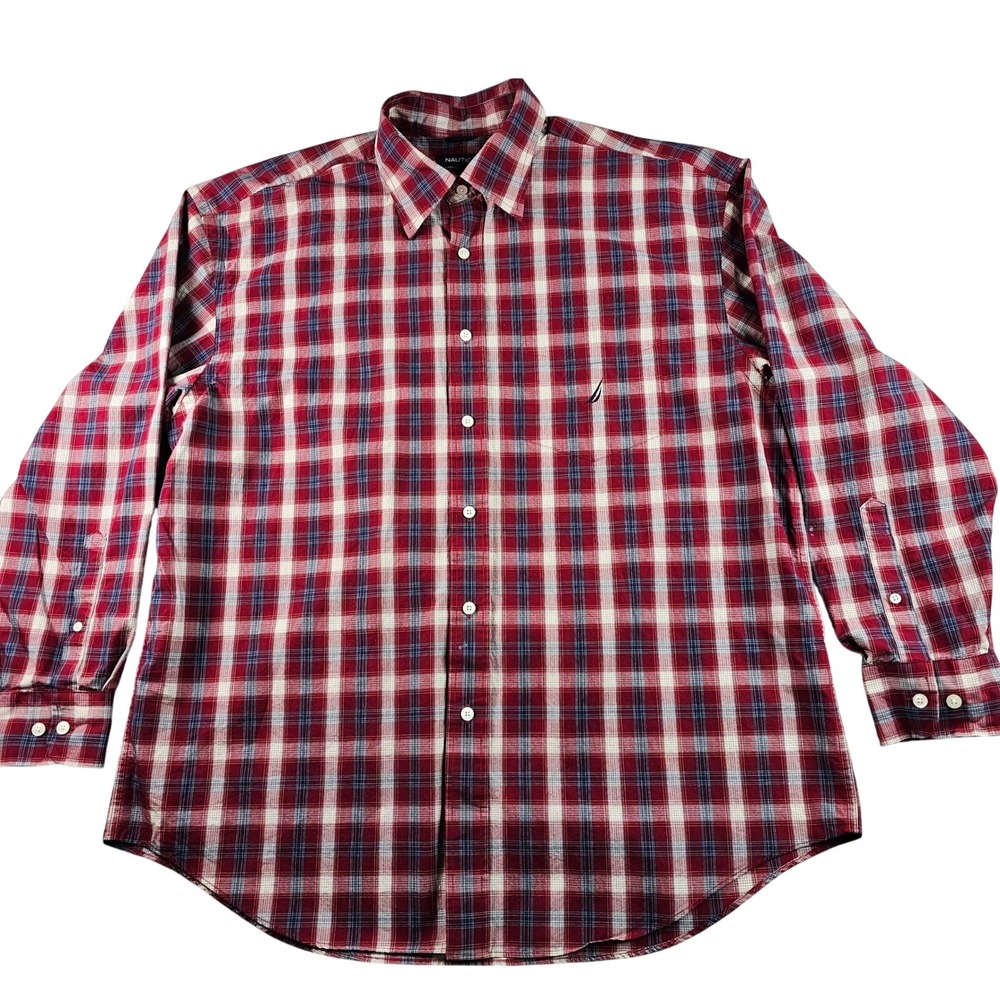 Nautica Plaid Check Shirt Men XL‎ Red Blue Casual Button Down Long Sleeve Shirt